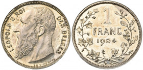 BELGIQUE, Royaume, Léopold II (1865-1909), 1 franc, 1904FR. Essai de Vinçotte en argent. Flan épais. Tranche lisse. Dupriez 1516. Très rare Champs bri...