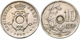 BELGIQUE, Royaume, Léopold II (1865-1909), 10 centiemen, 1902NL. Essai non perforé de Michaux en cupronickel. Tranche lisse. Bogaert 1390B1.
Très Bea...
