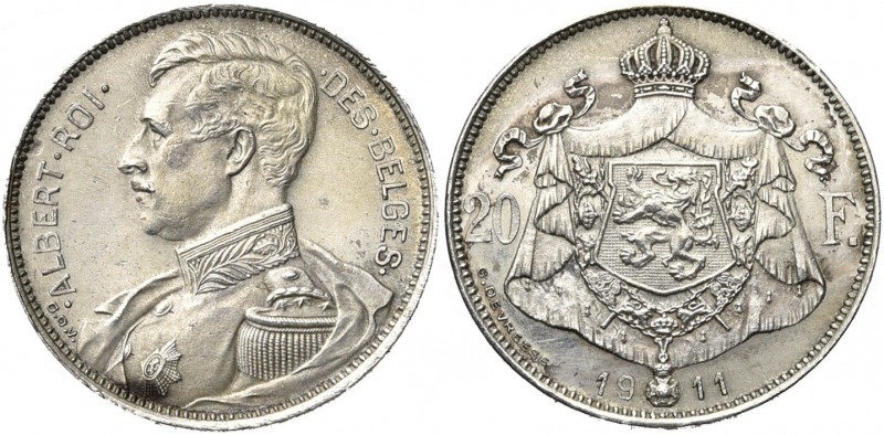 BELGIQUE, Royaume, Albert Ier (1909-1934), 20 francs, 1911FR. Refrappe en argent...