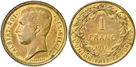 BELGIQUE, Royaume, Albert Ier (1909-1934), 1 franc, 1911FR. Essai en cuivre jaune. Tranche cannelée. Dupriez 1887. Rare.
Superbe à Fleur de Coin (Ext...