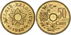 BELGIQUE, Royaume, Occupation allemande (1914-1918), 50 centimes, 1918NL/FR. Essai en cuivre jaune. Tranche lisse. Flan non perforé. Dupriez 2031. Trè...