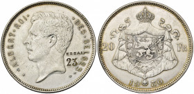 BELGIQUE, Royaume, Albert Ier (1909-1934), 20 francs, 1930FR. Essai en argent. Tranche lisse. Sans signature. ESSAI en creux au droit. Bogaert 2357B1....