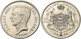 BELGIQUE, Royaume, Albert Ier (1909-1934), 20 francs - 4 belgas, 1931FR. Essai en nickel. Coins de Bonnetain et Devreese. Tranche lisse. Dupriez 2423....