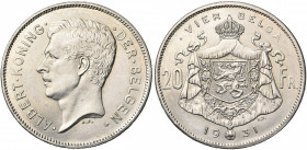 BELGIQUE, Royaume, Albert Ier (1909-1934), 20 frank - 4 belga, 1931NL. Essai en argent. Coins de Bonnetain et Devreese. Tranche inscrite. Pos. A. Dupr...