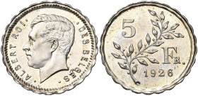 BELGIQUE, Royaume, Albert Ier (1909-1934), 5 francs, 1926FR. Essai en nickel. Coins de Devreese et Everaerts. Dupriez 2268. Rare.
Fleur de Coin (Unci...