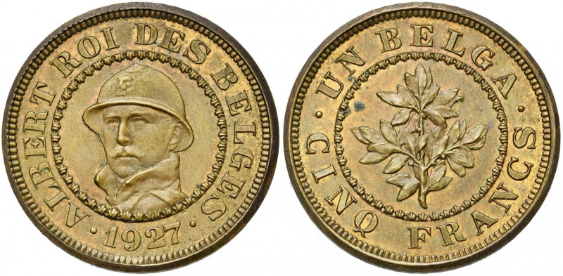 BELGIQUE, Royaume, Albert Ier (1909-1934), 5 francs - 1 belga, 1927FR. Essai d''...