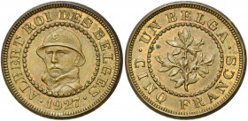 BELGIQUE, Royaume, Albert Ier (1909-1934), 5 francs - 1 belga, 1927FR. Essai d''Everaerts en bronze. Tranche lisse. Dupriez 2292. Très rare Petites ta...