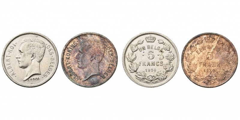 BELGIQUE, Royaume, Albert Ier (1909-1934), lot de 2 essais de 5 francs - 1 belga...