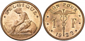 BELGIQUE, Royaume, Albert Ier (1909-1934), 1 franc, 1922FR. Refrappe en bronze clair. Tranche cannelée. Bogaert 2157B1. Petites taches.
Superbe (Extr...