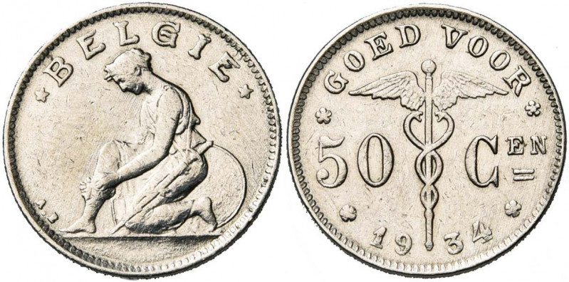 BELGIQUE, Royaume, Albert Ier (1909-1934), nickel 50 centiemen, 1934NL. Bogaert ...