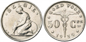 BELGIQUE, Royaume, Albert Ier (1909-1934), nickel 50 centiemen, 1934NL. Bogaert 2520C. Rare Nettoyé.
Très Beau (Very Fine)
