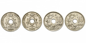 BELGIQUE, Royaume, Albert Ier (1909-1934), lot de 2 p. de 10 centimes: 1931NL (étoile sur deux pointes) et 1932FR (étoile sur une pointe, deux traits ...