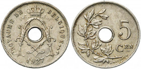BELGIQUE, Royaume, Albert Ier (1909-1934), Cupro-nickel 5 centiemen, 1927FR/NL. Hybride avec droit français et revers néerlandais. Bogaert 2309B2. Rar...