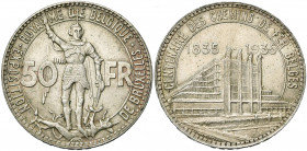 BELGIQUE, Royaume, Léopold III (1934-1951), AR 50 francs, 1935FR. Pos. A. Frappe médaille. Exposition universelle - Centenaire des chemins de fer. Bog...