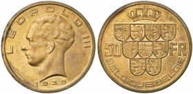 BELGIQUE, Royaume, Léopold III (1934-1951), 50 francs, 1939FR/NL. Essai de Rau en bronze clair. Tranche inscrite. Pos. B. Dupriez 2631. Rare Petites t...