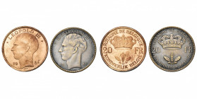BELGIQUE, Léopold III (1934-1951), lot de 2 essais de 20 francs: 1934FR/NL (bronze rosé, tranche lisse, nettoyé, Bogaert 2522B2), 1935FR/NL (bronze ma...