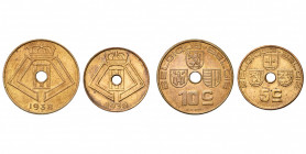 BELGIQUE, Léopold III (1934-1951), lot de 2 essais en bronze clair: 10 centimes 1938FR/NL (Bogaert 2625B2), 5 centimes 1938FR/NL (Dupriez 2628 var.). ...