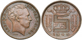 BELGIQUE, Royaume, Régence du prince Charles (1944-1950), 5 francs, 1945FR. Essai en cuivre. Tranche cannelée. Bogaert 2718B2. Rare Frappe postérieure...