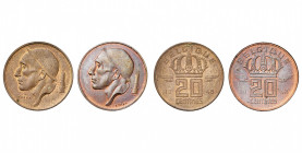 BELGIQUE, Royaume, Régence du prince Charles (1944-1950), lot de 2 essais en cuivre de 20 centimes 1948FR: ESSAI sous le menton (petite tache) et sous...