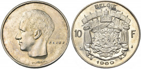 BELGIQUE, Royaume, Baudouin (1951-1993), 10 frank, 1969NL. Essai d''Elström en argent. Tranche lisse. 50 p. frappées. Bogaert 3271. Très rare PROEF co...