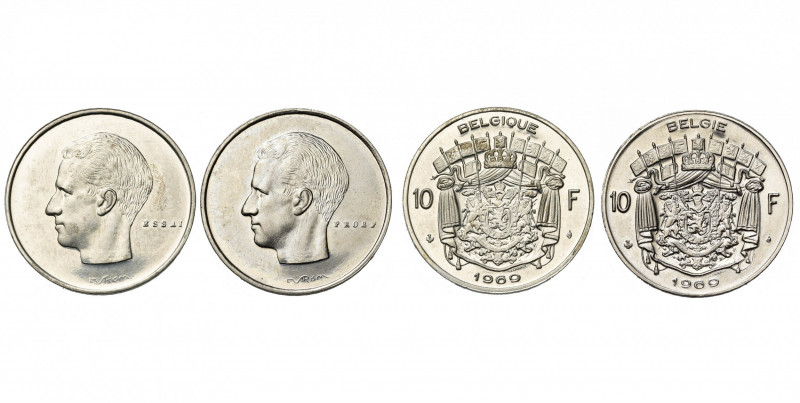 BELGIQUE, Royaume, Baudouin (1951-1993), lot de 2 essais: 10 francs 1969FR et NL...
