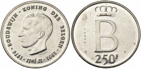 BELGIQUE, Royaume, Baudouin (1951-1993), 250 frank, 1976NL. Essai en argent. Tranche cannelée. PROEF au revers. GR-BR 3456. Très rare Petites taches....