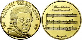 BELGIQUE, Royaume, Baudouin (1951-1993), AV médaille en or, 1991. Bicentenaire de la mort de Mozart. 10,96g Titre 0,750.
Flan poli (Proof)