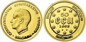 BELGIQUE, Royaume, Baudouin (1951-1993), AV 50 ecu, 1993. Présidence belge de la Communauté Européenne. Fr. 435.
Flan poli (Proof)
