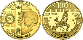 BELGIQUE, Royaume, Albert II (1993-2013), AV 100 euro, 2009. Noces d''or d''Albert et Paola. Fr. -. Ecrin et certificat.
Flan poli (Proof)