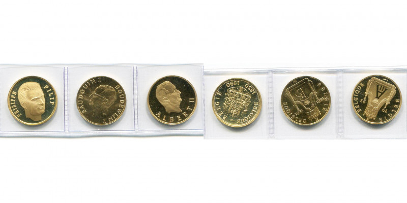 BELGIQUE, lot de 3 modules de 20 francs en or: 1990, Prince Philippe; 1991, 40e ...