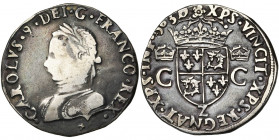 FRANCE, Royaume, Charles IX (1560-1574), AR teston du Dauphiné, 1563Z, Grenoble. D/ B. l. et cuir. à g. R/ Ecu couronné, écartelé France et Dauphiné. ...