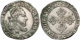 FRANCE, Royaume, Henri III (1574-1589), AR franc au col fraisé, 1584M, Toulouse. D/ B. l. et cuir. à d. R/ Croix feuillue et fleurdelisée, H en coeur....