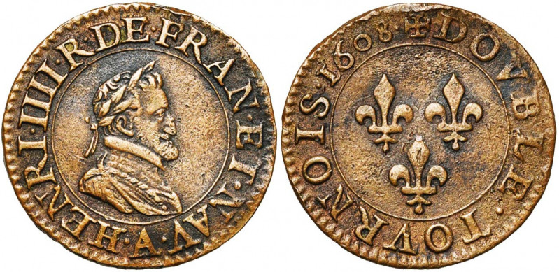 FRANCE, Royaume, Henri IV (1589-1610), Cu double tournois, 1608A, Paris. 1er typ...