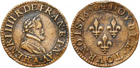 FRANCE, Royaume, Henri IV (1589-1610), Cu double tournois, 1608A, Paris. 1er type. D/ B. l. et cuir. à d. R/ Trois lis dans le champ. Dupl. 1273; Laf....