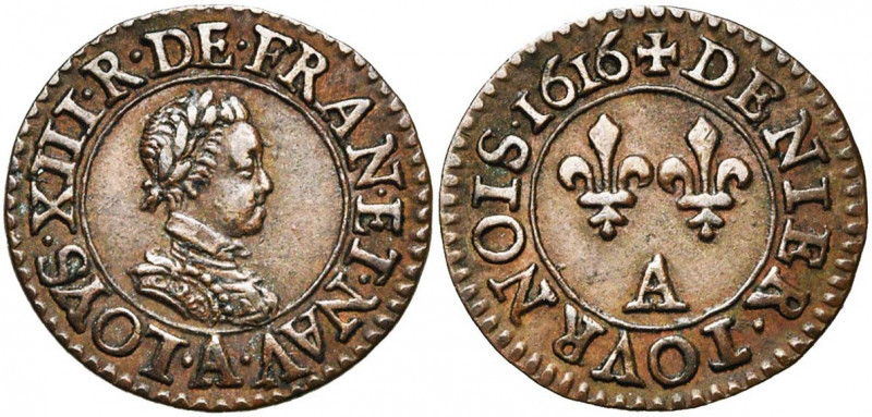 FRANCE, Royaume, Louis XIII (1610-1643), Cu denier tournois, 1616A, Paris. 1er t...