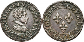 FRANCE, Royaume, Louis XIII (1610-1643), Cu double tournois, 1625A, Paris. 3e type. D/ B. juvénile à d., l. et cuir. à d., au col plat. R/ Trois lis p...