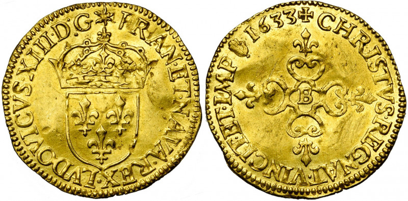 FRANCE, Royaume, Louis XIII (1610-1643), AV écu d''or au soleil, 1633B, Rouen. D...