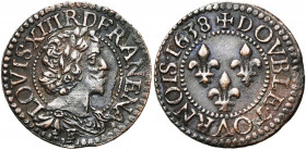 FRANCE, Royaume, Louis XIII (1610-1643), AR double tournois, 1638E, Tours. D/ Grand b. viril à d., l., dr. et cuir. à l''antique. R/ Trois lis dans le...