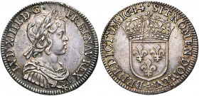 FRANCE, Royaume, Louis XIV (1643-1715), AR quart d''écu à la mèche courte, 1644A, Paris. Point initial. D/ B. enfantin, l., dr. et cuir. à d. R/ Ecu d...