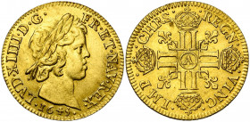 FRANCE, Royaume, Louis XIV (1643-1715), AV louis d''or à la mèche courte, 1645A, Paris. D/ T. laurée à d. R/ Croix formée de huit L couronnés, cantonn...