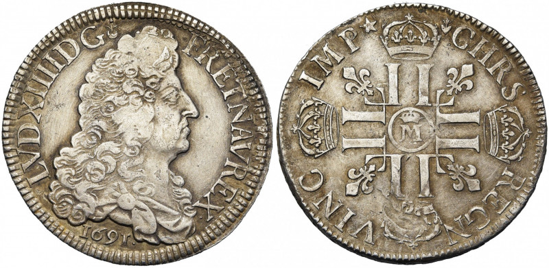 FRANCE, Royaume, Louis XIV (1643-1715), AR écu aux huit L, 1691M couronné, Metz....