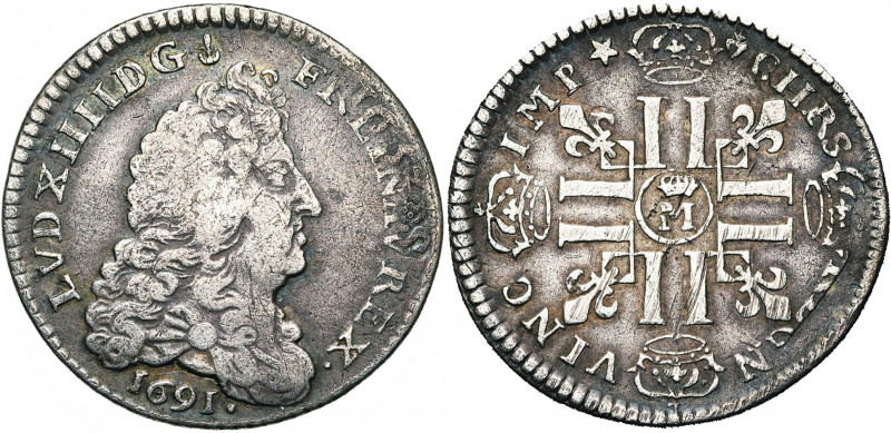FRANCE, Royaume, Louis XIV (1643-1715), AR quart d''écu aux huit L, 1691M couron...