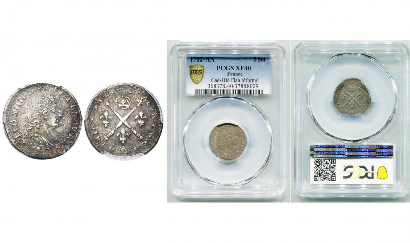 FRANCE, Royaume, Louis XIV (1643-1715), AR 5 sols aux insignes, 1702AA, Metz. D/...