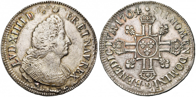 FRANCE, Royaume, Louis XIV (1643-1715), AR écu aux huit L, 1704D, Lyon. 2e type....