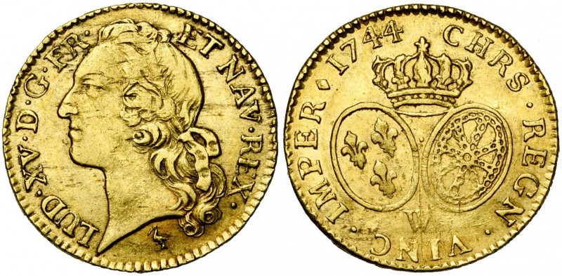 FRANCE, Royaume, Louis XV (1715-1774), AV louis d''or au bandeau, 1744W, Lille. ...