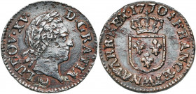 FRANCE, Royaume, Louis XV (1715-1774), Cu liard à la vieille tête, 1770AA, Metz. D/ T. l. à d. R/ Ecu de France couronné. Dupl. 1701; Gad. 272; L4L 52...