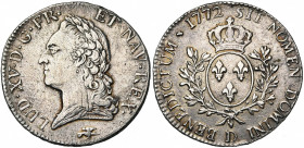 FRANCE, Royaume, Louis XV (1715-1774), AR écu à la vieille tête, 1772D, Lyon. D/ T. l. à g. R/ Ecu de France couronné, entre deux rameaux d''olivier. ...