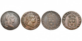 FRANCE, Royaume, Louis XV (1715-1774), lot de 2 p.: sol, 1720B, Rouen; sol à la vieille tête, 1772W, Lille. Dupl. 1692, 1699.
presque Très Beau (abou...