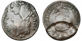 FRANCE, Royaume, Louis XVI (1774-1793), Cu sol, 1785R, Orléans. D/ T. nue à g., les cheveux noués par un ruban. R/ Ecu couronné. Dupl. 1714; Gad. 350....