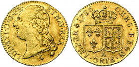 FRANCE, Royaume, Louis XVI (1774-1793), AV louis d''or à la tête nue, 1786A, Paris. D/ T. nue à g., les cheveux longs. R/ Ecus accolés de France et de...